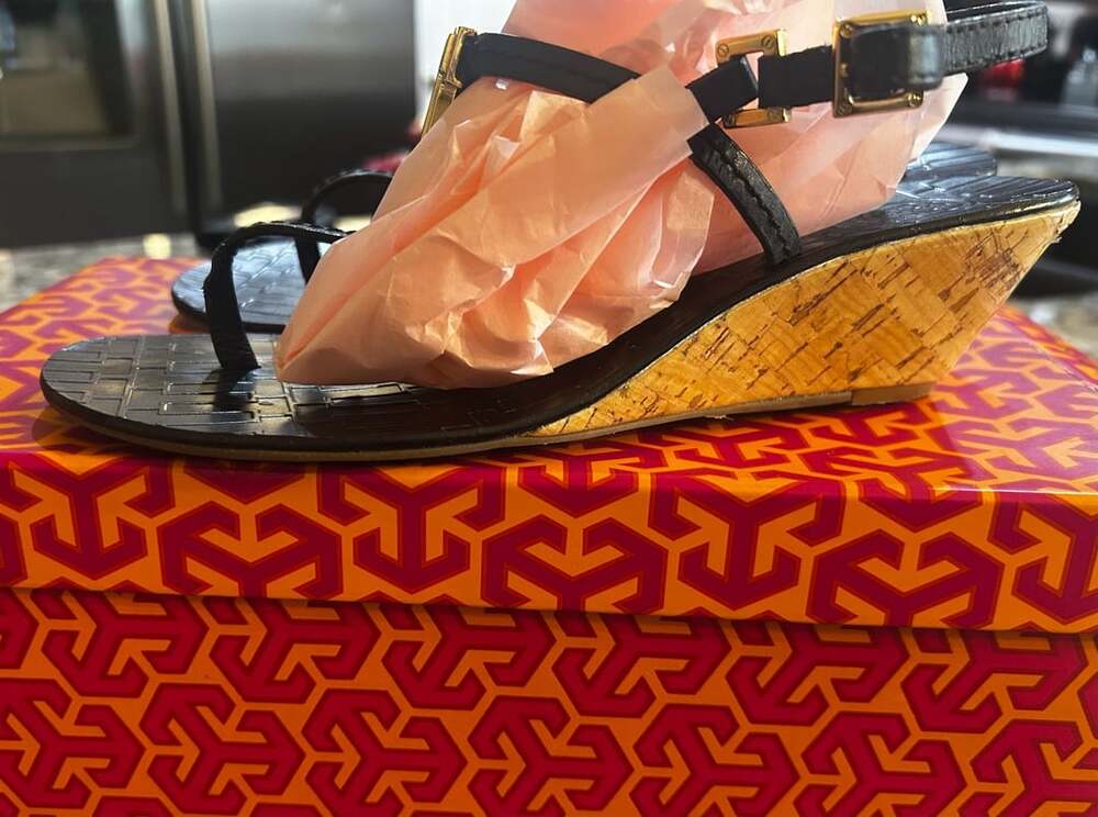 Tory Burch Black Leather Cork Wedge T-Strap Sandals